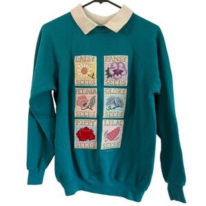 Vintage Valorie Sockwell Teal Collared Cottagecore Sweater Flower Womens large